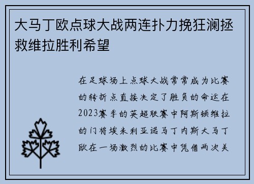 大马丁欧点球大战两连扑力挽狂澜拯救维拉胜利希望
