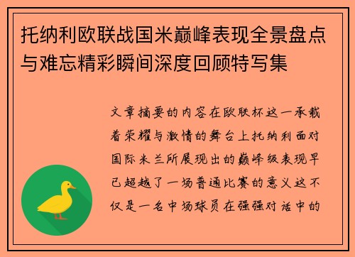 托纳利欧联战国米巅峰表现全景盘点与难忘精彩瞬间深度回顾特写集